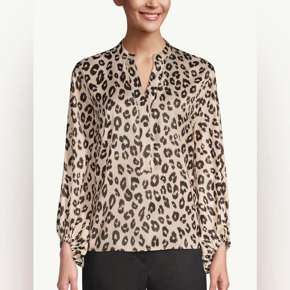 Chico’s leopard Animal-Print Bishop-Sleeve Silky Blouse size 3 (XL)